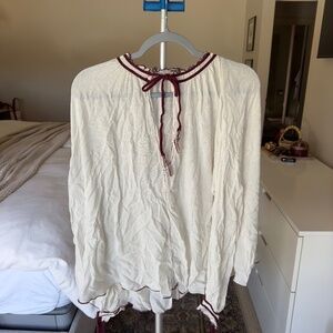 Free People White Rayon Blouse Oversized Rayon with Maroon Trim Size Large